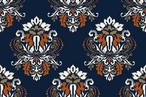 damasco ikat floral desatado padronizar em marinha fundo azul vetor ilustração.ikat étnico oriental bordado, asteca estilo, abstrato background.design para textura,tecido,vestuário,embrulho,decoração.