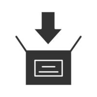pacote de embalagem ícone de glifo. abra a caixa com a seta para baixo. baixando. símbolo da silhueta. espaço negativo. ilustração isolada do vetor