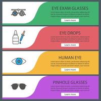 Conjunto de modelos de banner da web de oftalmologia. itens de menu de cores do site. óculos de exame, colírio, visão, óculos pinhole. conceitos de design de cabeçalhos de vetor