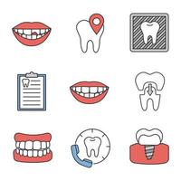 conjunto de ícones de cores de odontologia. dente quebrado, localização da clínica odontológica, imagem de raio-x, relatório de diagnóstico, sorriso saudável, coroa, dentadura, chamada ao dentista, implante. ilustrações vetoriais isoladas vetor