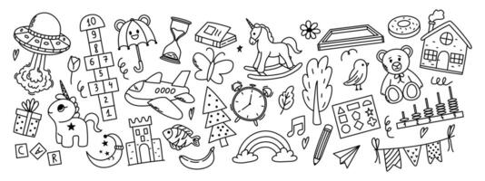 coleção do creche doodle. montessoriano, amarelinha, brinquedos, flor, guarda-chuva, casa, livro e de outros elementos. vetor