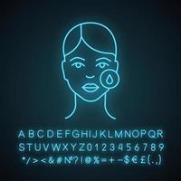 ícone de luz de néon de remoção de maquiagem. hidratação da pele. cuidados com a pele. preparação para injeção de neurotoxina. procedimento cosmético. usando ácido hialurônico. alfabeto brilhante, números. ilustração isolada do vetor