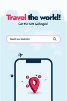 Móvel navegação Móvel aplicativo para viajando. viagem a mundo agora com melhor pacotes. viagem agência social meios de comunicação promoção bandeira com uma Móvel telefone tela e localização ícone, e aviões. vetor