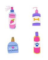 animal Cuidado produtos vetor definir. xampu, condicionador, esfregar e Colônia spray. cosméticos para animal tosadores dentro plano na moda colorida estilo. cachorro lavando suprimentos clipart isolado em branco fundo