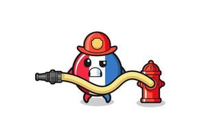 Desenho da bandeira da França como mascote do bombeiro com mangueira de água vetor