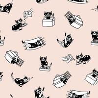 na moda desatado padronizar com quadrinho gatinho e Está todo dia Atividades contra luz Rosa fundo. engraçado desenho animado gato mão desenhado dentro rabisco estilo. vetor ilustração para tecido imprimir, papel de parede.