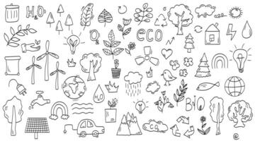 rabiscos em a tema do ecologia, desenhado elementos para meio Ambiente dia vetor