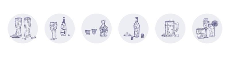 desenhos de bebidas alcoólicas em copos e garrafas vetor