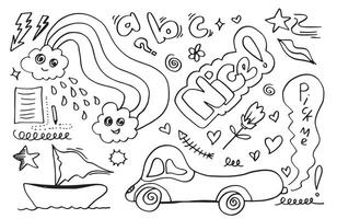 doodle bonito desenhados à mão em fundo branco. doodle design elements.doodle crianças para decoração e página para colorir. vetor