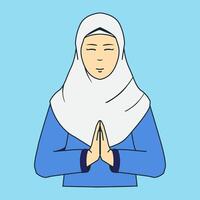 muçulmano ou muçulmano mulher vestindo hijab com cumprimento mão pose gesto. vetor