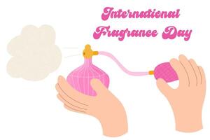 mão segurando uma Rosa perfume. Colônia e fragrância, perfume.internacional fragrância dia. vetor