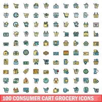 100 consumidor carrinho mercearia ícones definir, cor linha estilo vetor