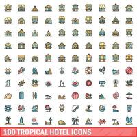 100 tropical hotel ícones definir, cor linha estilo vetor