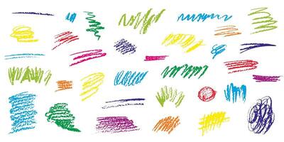 vetor conjunto do mão desenhado carvão rabiscos e rabiscos. grunge caneta GIS de cera lápis coleção. mão desenhado brilhante cor elementos