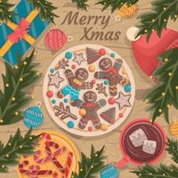 Feliz Natal com modelo de plano de fundo de comida e decoração vetor