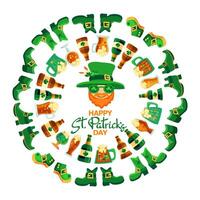 feliz santo patricks dia. desenhado à mão letras, duende, sapato, cerveja. vetor