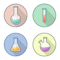 químico teste tubo e volta frasco, laboratório artigos de vidro com líquido. ilustração com uma grandes sombra. pesquisar, científico experimentar, química lição. vetor