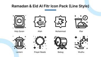 Ramadã e eid al fitr ícone conjunto dentro linha estilo adequado para rede e aplicativo ícones, apresentações, cartazes, etc. vetor