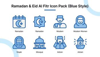 Ramadã e eid al fitr ícone conjunto dentro azul estilo adequado para rede e aplicativo ícones, apresentações, cartazes, etc. vetor