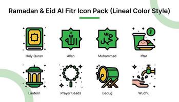Ramadã e eid al fitr ícone conjunto dentro linear cor estilo adequado para rede e aplicativo ícones, apresentações, cartazes, etc. vetor