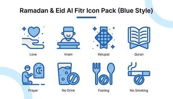 Ramadã e eid al fitr ícone conjunto dentro azul estilo adequado para rede e aplicativo ícones, apresentações, cartazes, etc. vetor