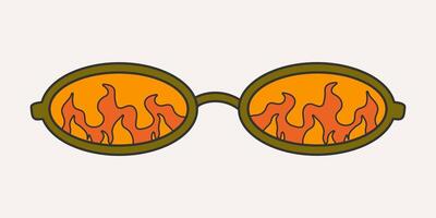 elegante oculos de sol dentro sulco estilo, caixa. retro acessório em uma luz fundo, hippie, 1970. vários trippy padrões dentro vidro, fogo. vetor