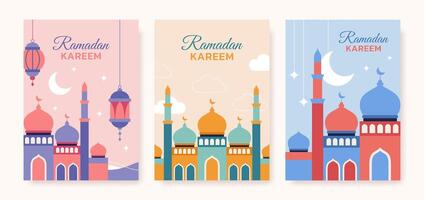 conjunto do Ramadã kareem poster modelo, cumprimento cartão, cobrir. mesquita com árabe lanternas e nuvens. vetor ilustração