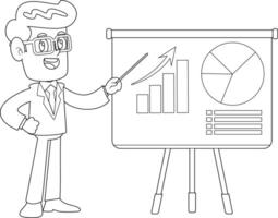 delineado homem de negocios desenho animado personagem apontando progressivo torta gráfico em uma borda. vetor mão desenhado ilustração