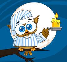 bebê coruja pássaro fofa desenho animado personagem com pijamas segurando uma vela. vetor ilustração com fundo