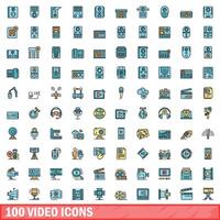 100 vídeo ícones definir, cor linha estilo vetor