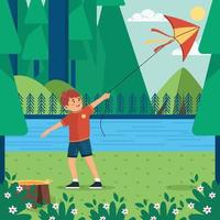 garoto jogando pipa ao lado do conceito de rio da floresta vetor