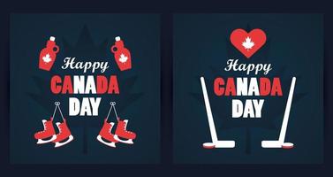 pôster de celebração do dia do Canadá, primeiro de julho, com frascos de xarope Mapple e patins vetor