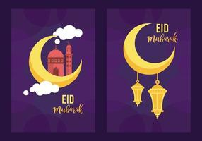 Cartão de celebração eid mubarak com lanternas penduradas na lua vetor