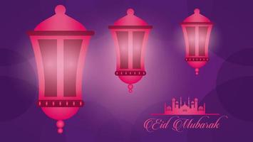 Cartão de celebração eid mubarak com lanternas penduradas vetor