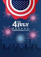 celebração do dia da independência dos Estados Unidos em quarto de julho com bandeira em rendas e paisagem urbana vetor