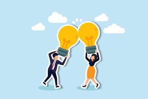 fundir Ideias, sinergizar ou colaborar para soluções, chuva de ideias, trabalho em equipe ou conjuntamente inovar para ótimo Ideias conceito, homem de negocios, empresária Junte-se ou combinar lâmpada idéia para melhor resultado. vetor