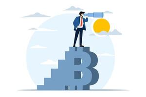 bitcoin e criptomoeda futuro Visão conceito, investimento oportunidades ou alternativo financeiro ativos conceito, homem de negocios escalada a bitcoin escada usando binóculos para Vejo oportunidades. vetor