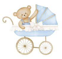 aguarela bebê carrinho de bebê com Urso de pelúcia Urso dentro vintage estilo. retro criança carrinho de criança dentro fofa pastel azul e bege cores. transporte para crianças. ilustração do carrinho de bebé com brinquedo para recém-nascido festa vetor