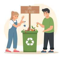 família reciclar lixo. homem e mulher colecionar orgânico desperdício, lançar Lixo lixo para dentro uma rua bin recipiente com reciclando placa vetor