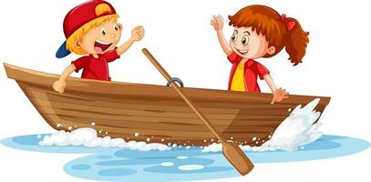 casal de filhos em um barco de madeira vetor