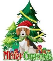 fonte de feliz natal com cachorro beagle e árvore de natal vetor