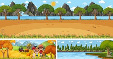 conjunto de paisagem panorâmica ao ar livre com personagem de desenho animado vetor