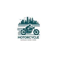 motocicleta marca logotipo com cavaleiro e urbano Horizonte ilustração vetor