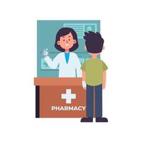 paciente às farmacia droga loja prescrição plano ilustração às hospital clínica cuidados de saúde médico vetor