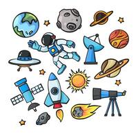 conjunto do fofa mão desenhado ilustração do espaço exploração astronomia astronauta planeta exploração com nave espacial vetor