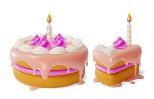 3d aniversário bolo com vela desenho animado estilo. vetor