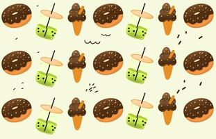 desatado doce Comida padronizar com chocolate coberturas, chocolate gelo creme e boba chá ilustração ideal para tecido têxtil embalagem Projeto invólucro papel faixas papelaria, e digital desenhos vetor