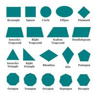 conjunto do básico geométrico formas vetor com rótulos. diamante educacional, círculos, hexágono, triângulo, quadrado, trapézio, plano estilo.