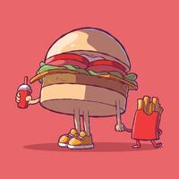 hamburguer personagem em pé com francês fritas personagem vetor ilustração.