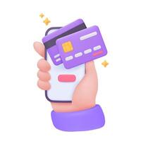 3d crédito cartão em Móvel telefone cartão para batendo e gastos dinheiro conectados fornecendo empréstimos e descontos a partir de compras vetor